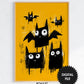 Halloween Wall Art Prints For Kids, Cute Black Cat and Bats, Rough Black Yellow Drawing, Instant Download JPG, Print up to 8"x12"in/20x30cm