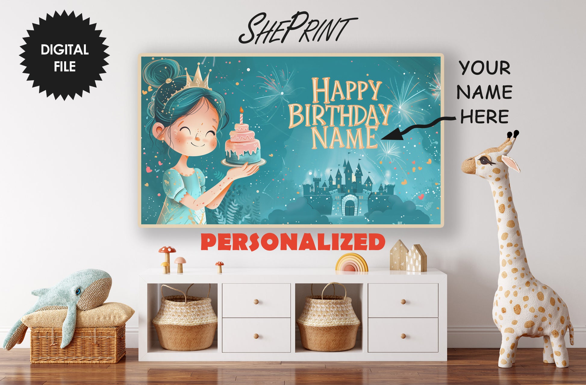 Personalized Birthday Frame TV Art For Kids | Happy Birthday Little Princess preview in kids room