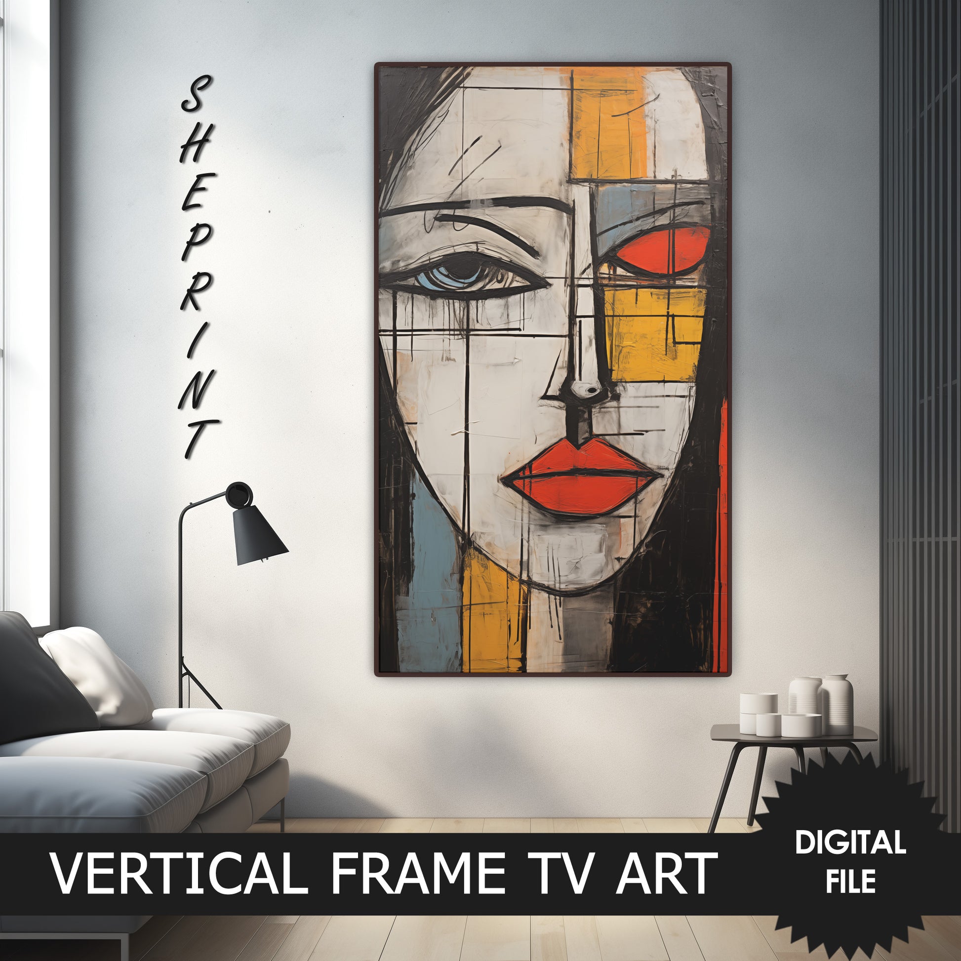 Vertical Frame TV Art, Beautiful Face Abstract Art, Oil Painting preview on Samsung Frame TV when mounted vertically