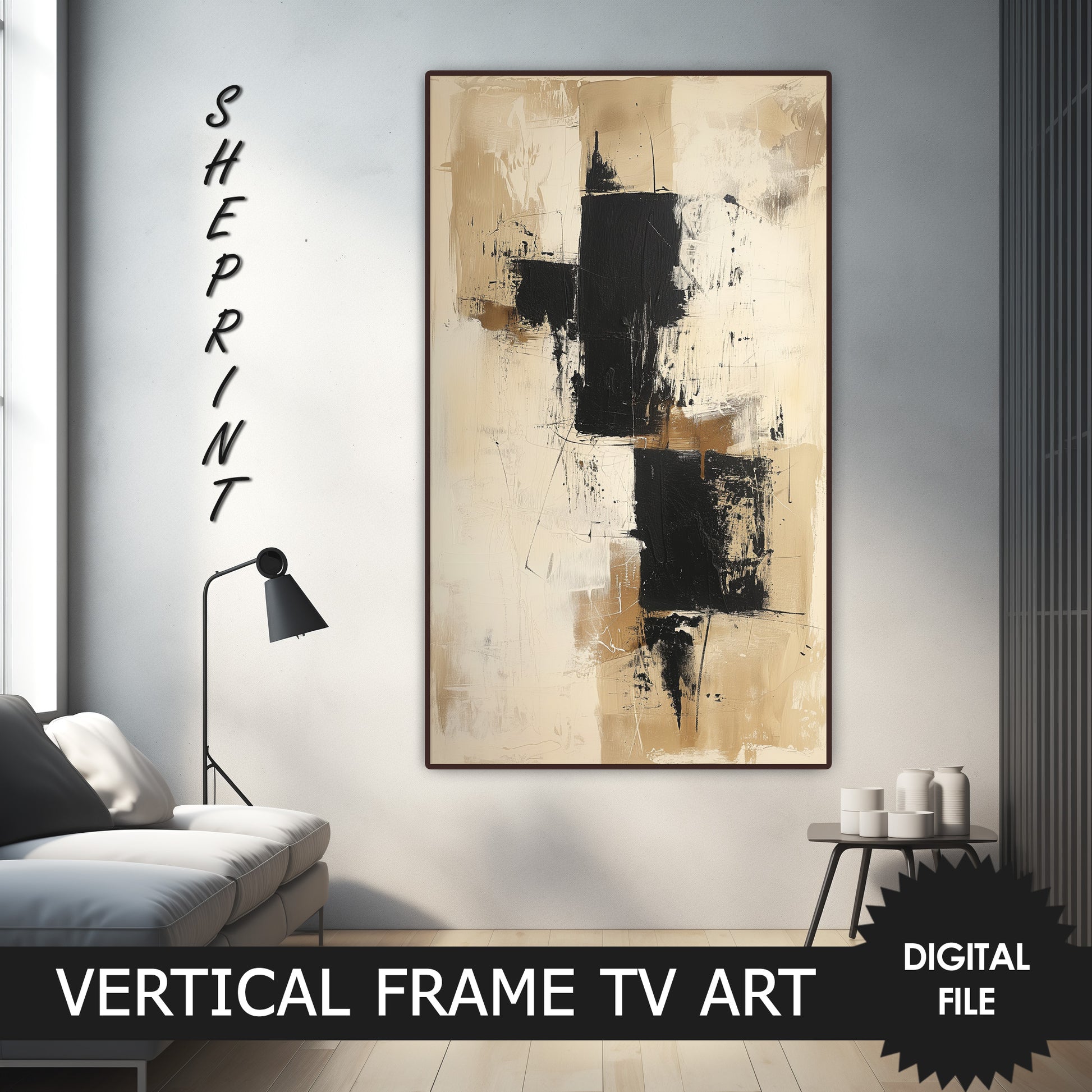 Vertical Frame TV Art, Beige Black Abstract Art, Neutral Tones art, preview on Samsung frame TV when mounted vertically