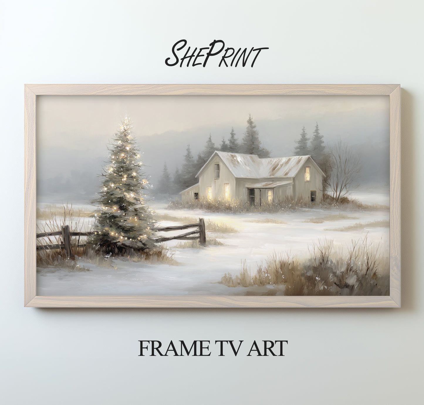 Beige Christmas Scene TV Art | Winter Landscape Painting preview on screen with light wooden frame