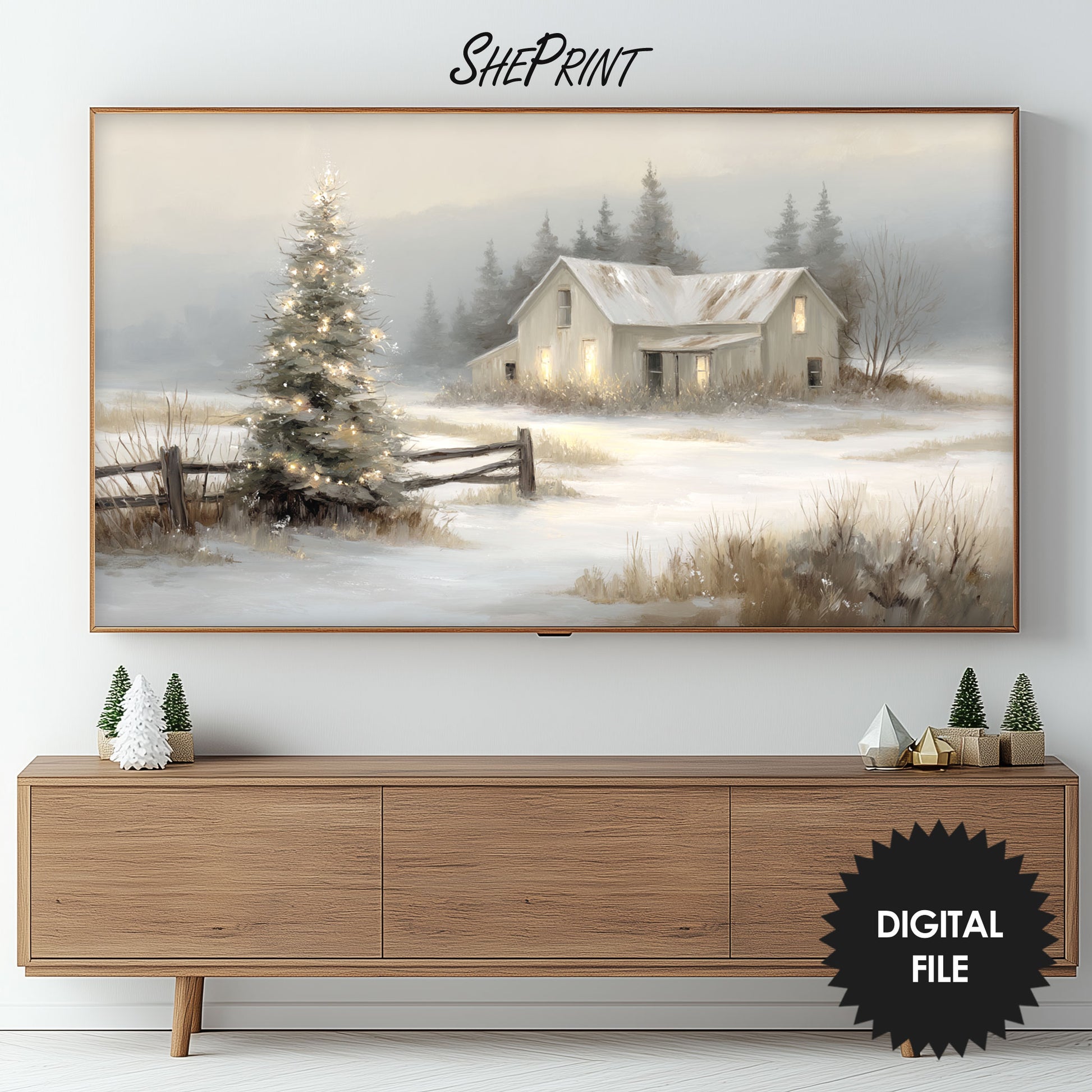 Beige Christmas Scene TV Art | Winter Landscape Painting preview on screen in living room