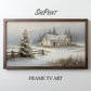 Beige Christmas Scene TV Art | Winter Landscape Painting preview on screen with dark wooden frame