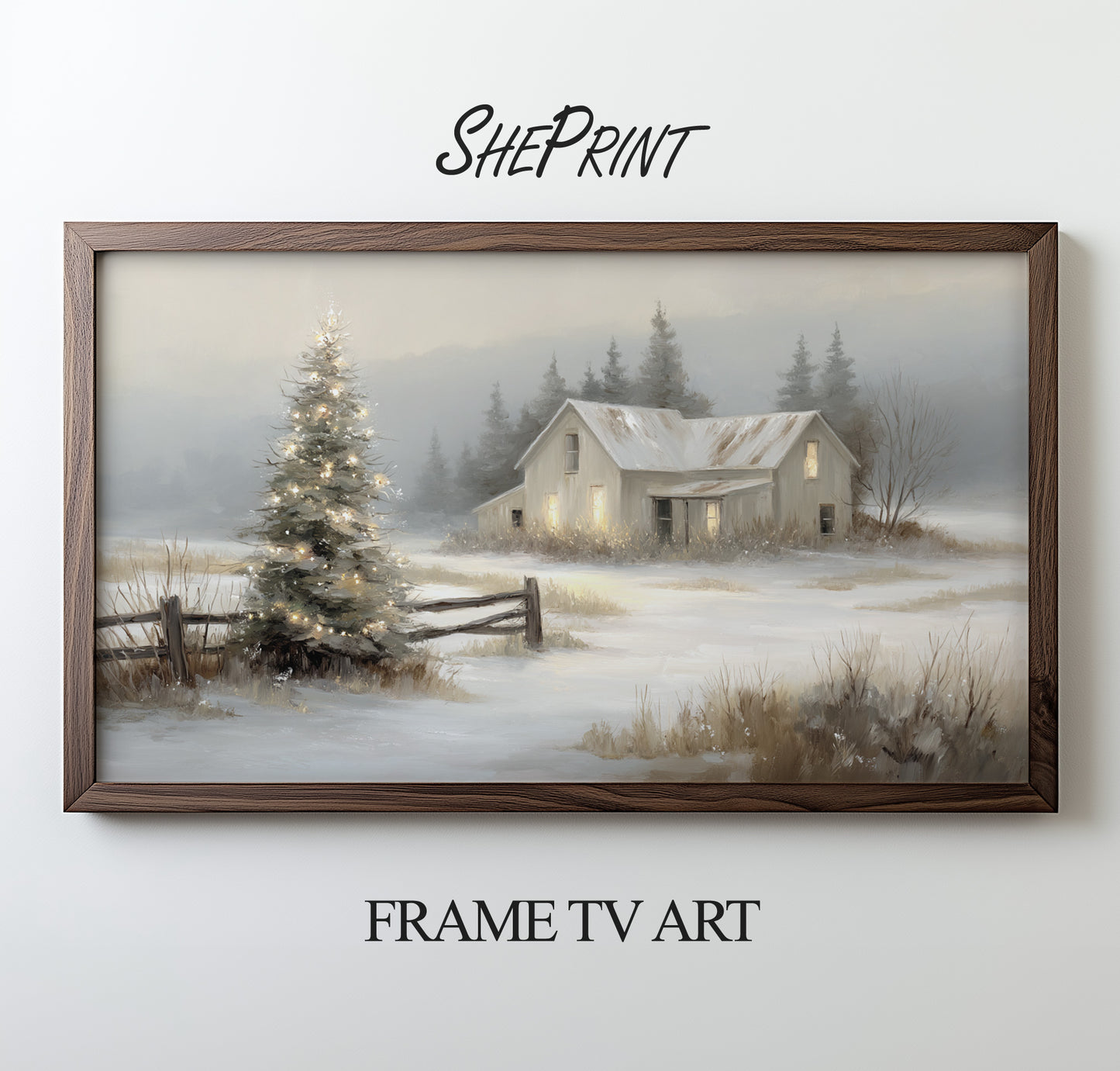 Beige Christmas Scene TV Art | Winter Landscape Painting preview on screen with dark wooden frame