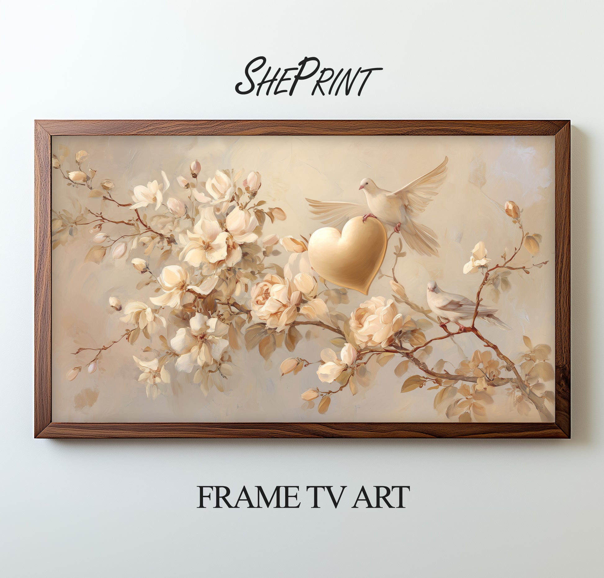 Beige Valentines Day Frame TV Art | Flowers Doves | Neutral Tones preview