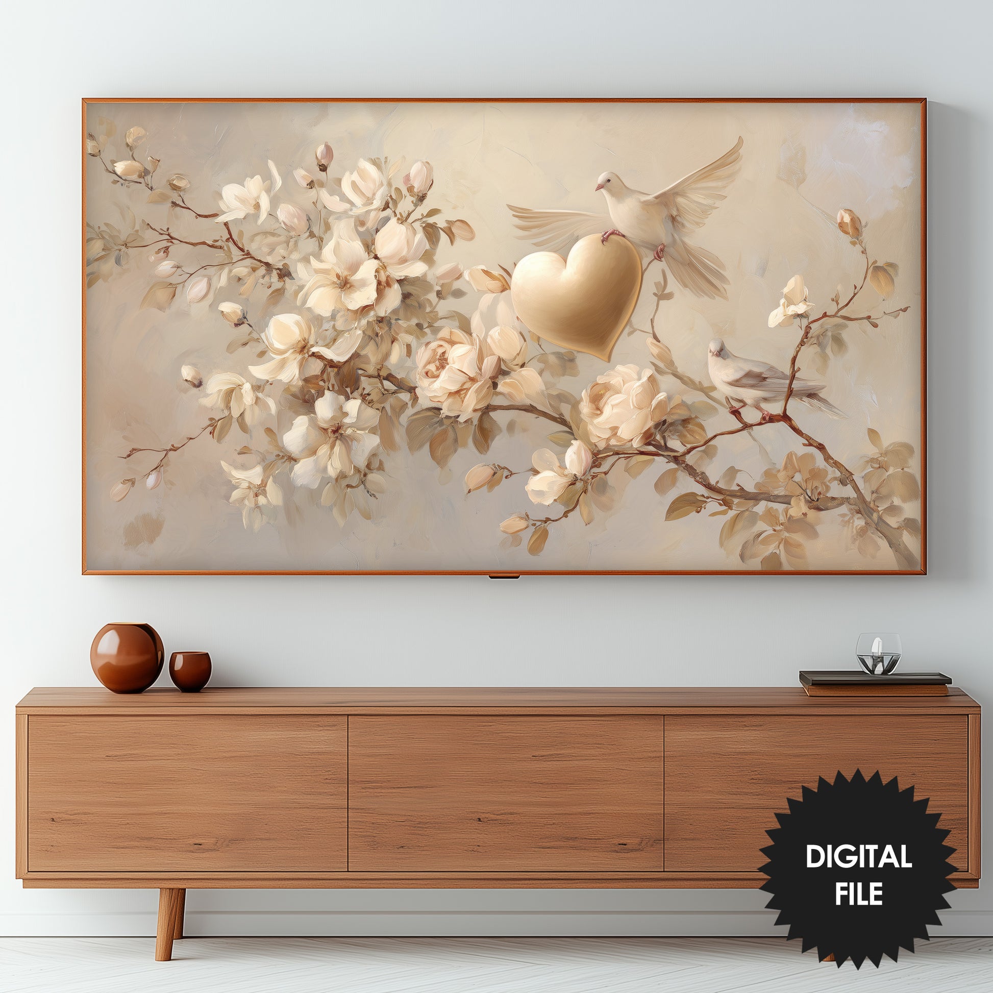 Beige Valentines Day Frame TV Art | Flowers Doves | Neutral Tones preview on screen