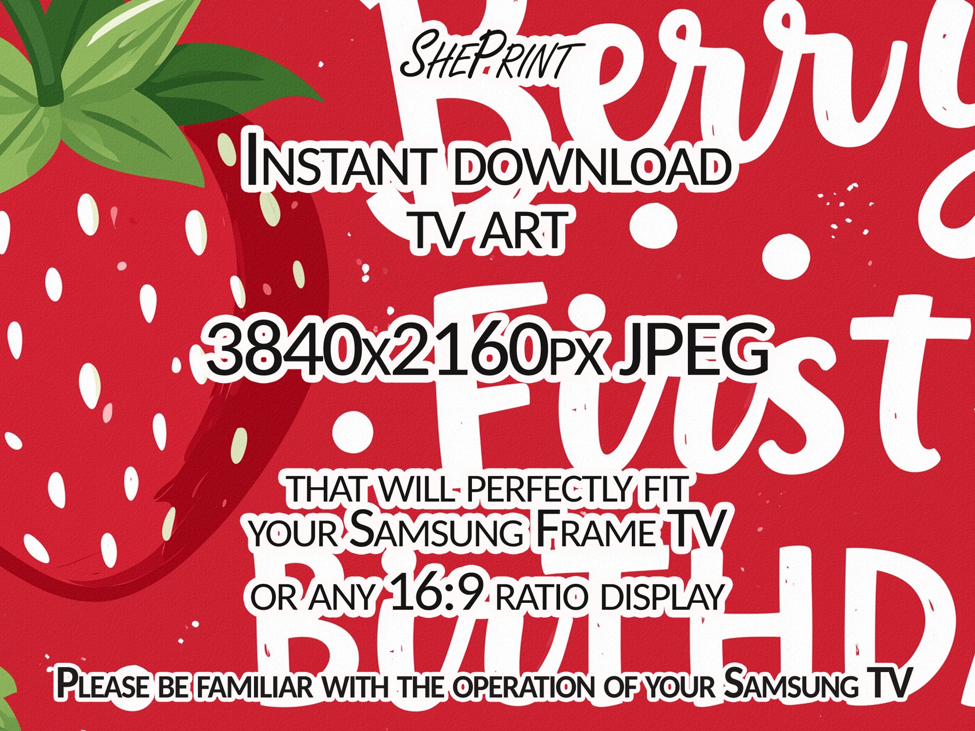 Berry First Birthday TV Art | Red Strawberries 1st Birthday Party Backdrop | Digital Download close up view