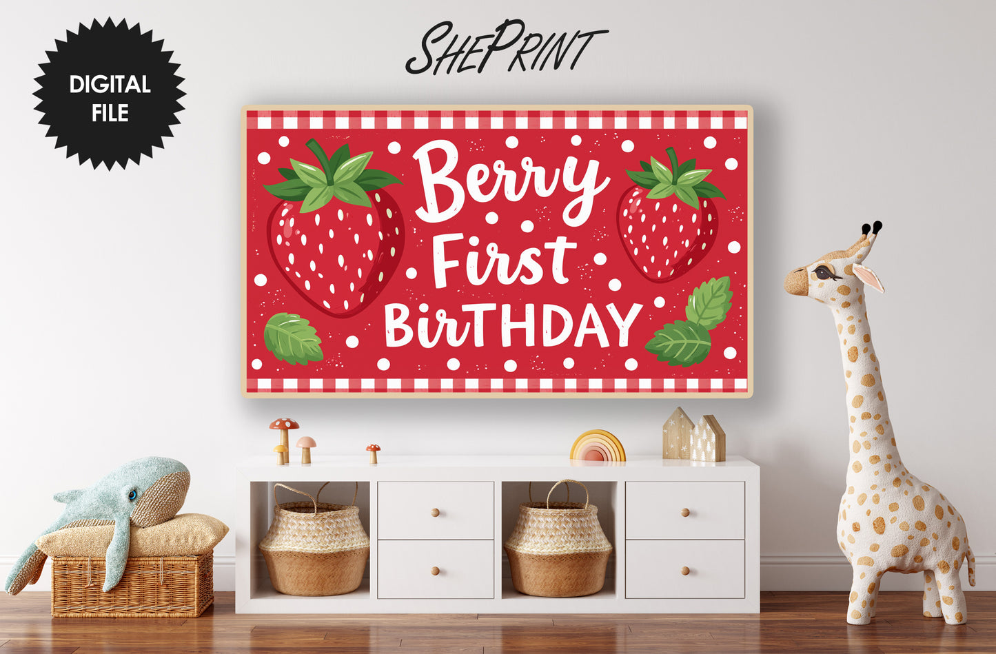 Berry First Birthday TV Art | Red Strawberries 1st Birthday Party Backdrop | Digital Download preview in kids room