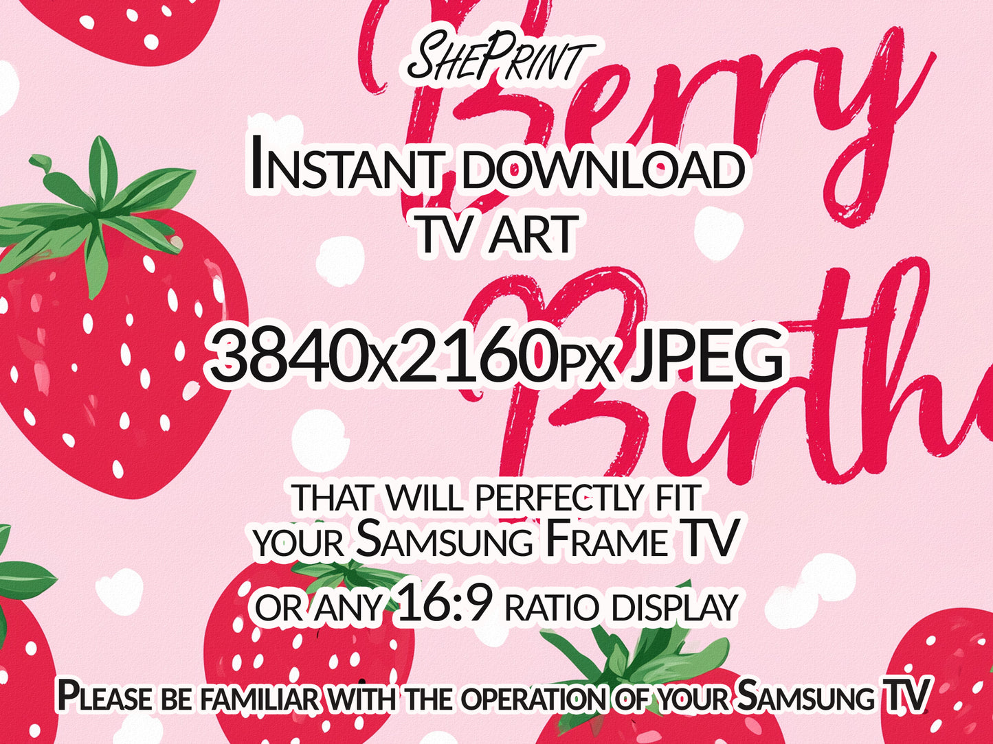 Berry First Birthday Frame TV Art | Baby Girl Birthday Party TV Backdrop | Digital Download, close up view