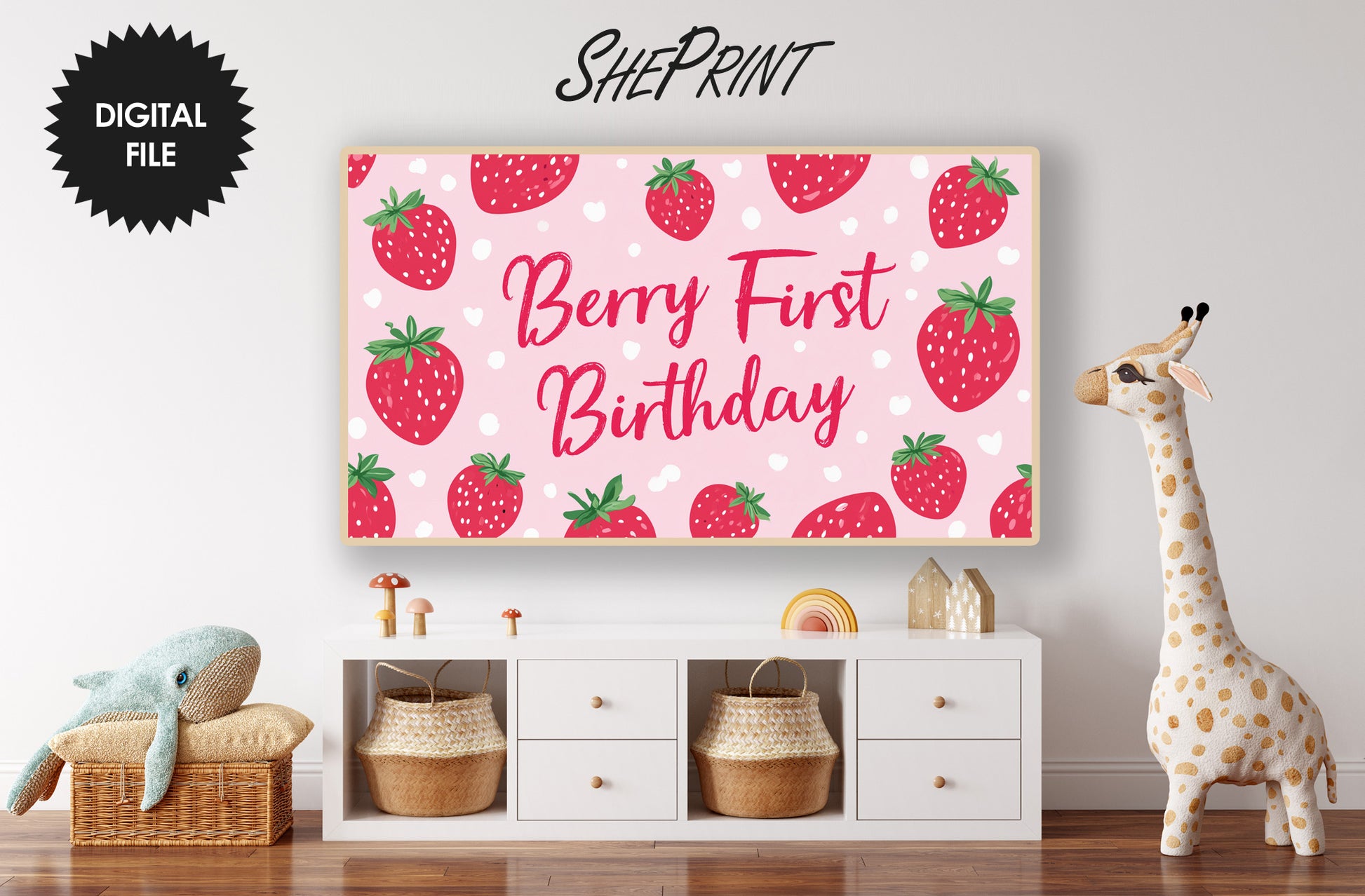 Berry First Birthday Frame TV Art | Baby Girl Birthday Party TV Backdrop | Digital Download preview in nursery room