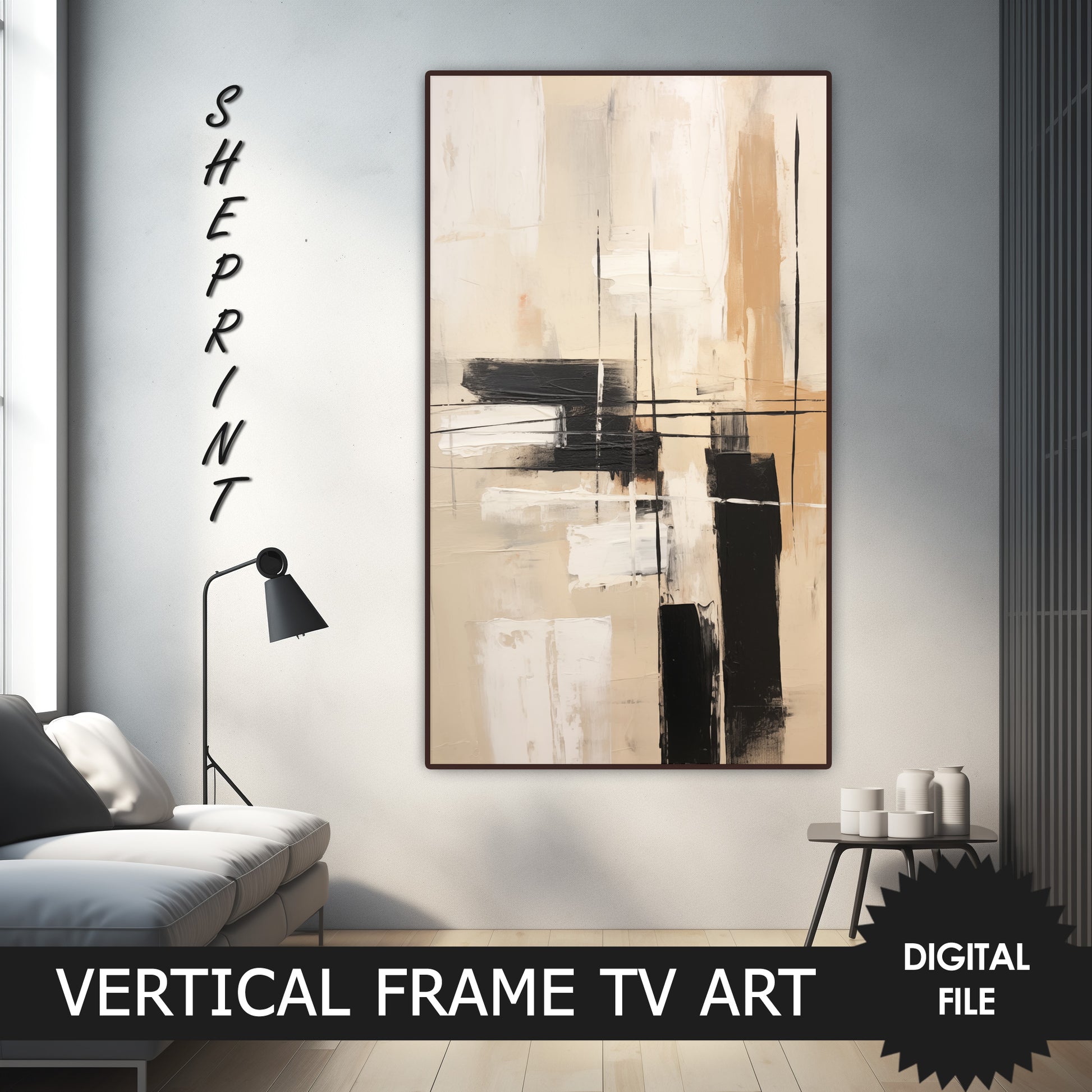 Vertical Frame TV Art, Beige Abstract Art, Modern Digital TV Art preview on Samsung Frame Tv when mounted vertically