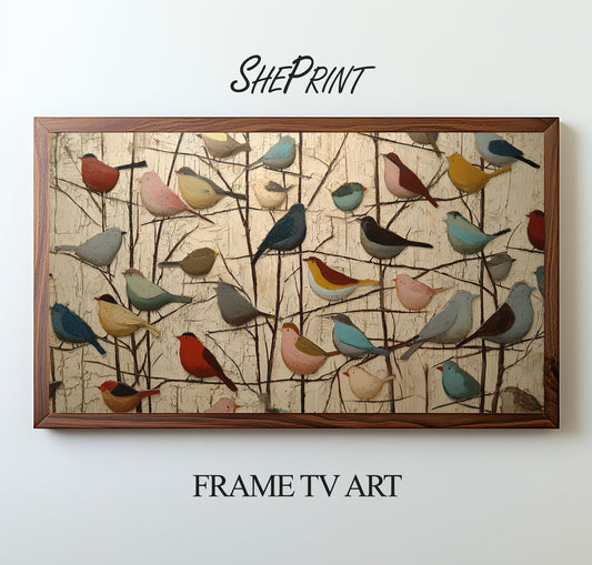 Primitive Bird Frame TV Art | Rustic Folk Abstract Wall Decor for Samsung TV | Textured Vintage Style Digital Download