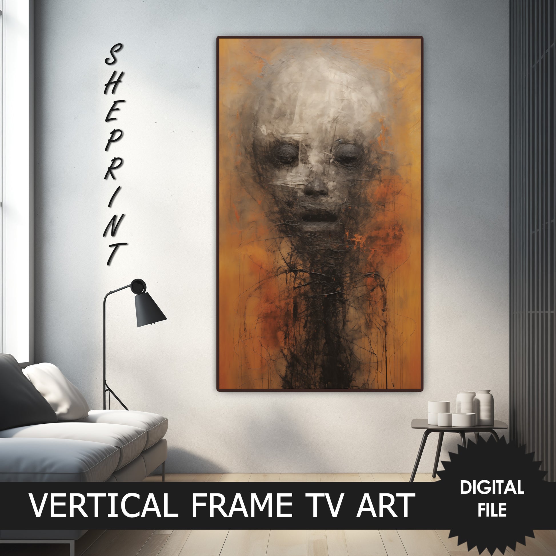 Vertical Frame TV Art, Birth Abstract Oil Painting preview on samsung frame tv when mounted vertically