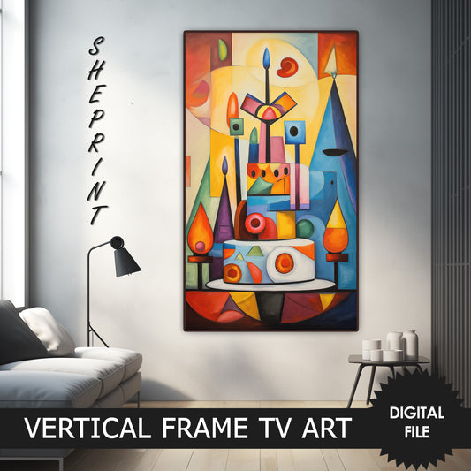 Vertical Frame TV Art | Happy Birthday Art | Birthday Cake With Candles Abstract Painting | Digital TV Art | Instant Download