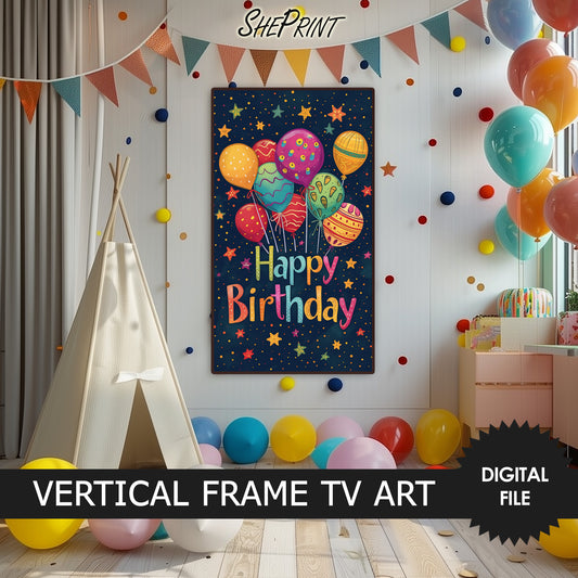 Vertical Frame TV Art, Happy Birthday Balloons, For All Ages, Gender Neutral preview on Samsng Frame Tv when mounted vertically