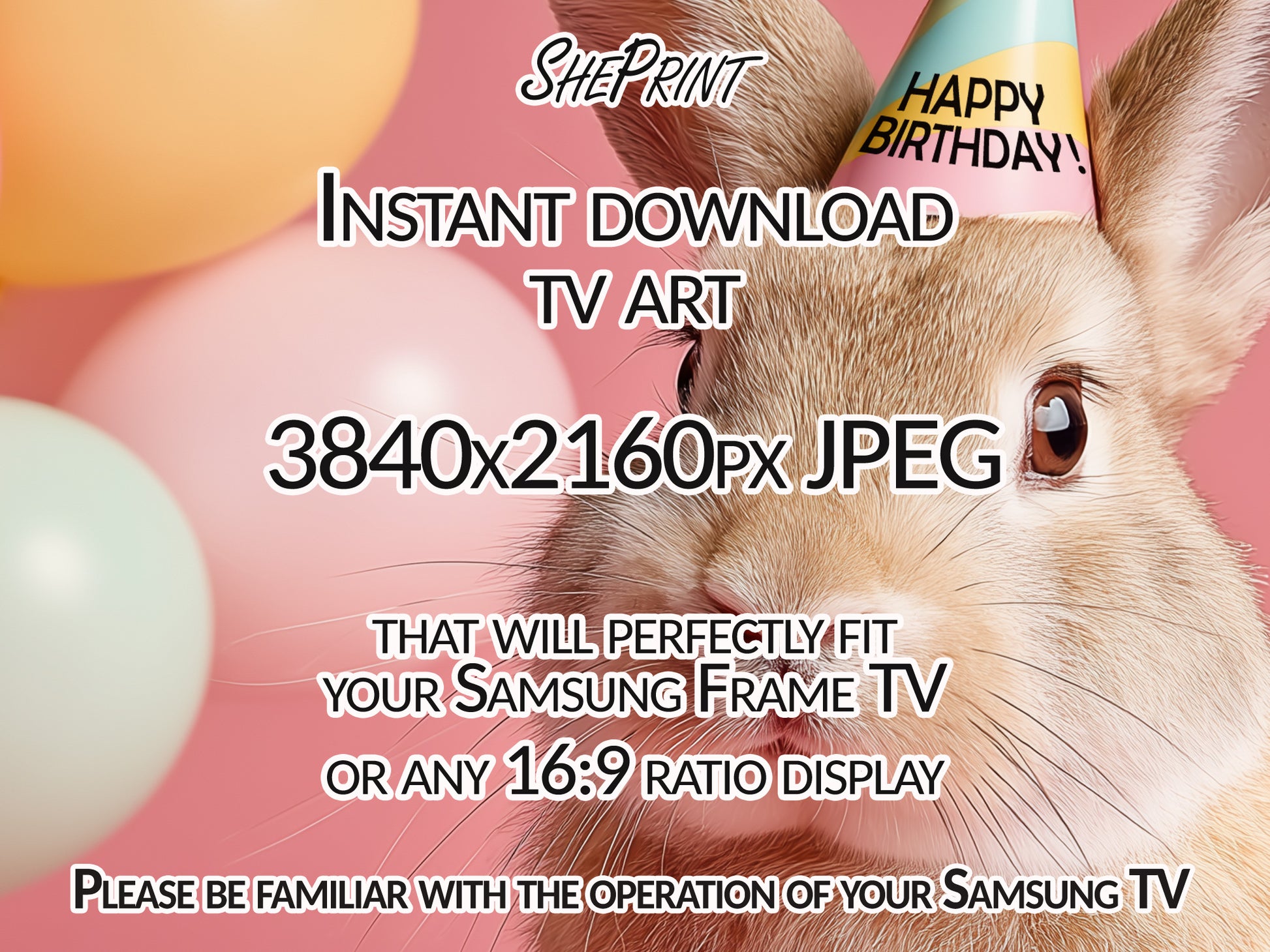 Birthday Bunny Frame TV Art | Pink Funny Birthday TV Backdrop | Digital Download close up look