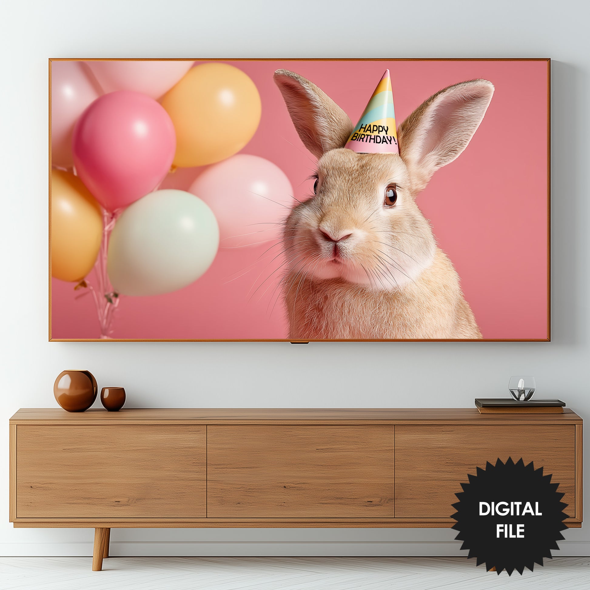 Birthday Bunny Frame TV Art | Pink Funny Birthday TV Backdrop | Digital Download preview on screen
