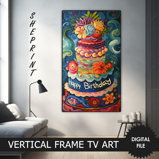 Vertical Frame TV Art | Happy Birthday | Floral Birthday Cake Painting preview on Samsung Frame Tv when mounted vertically