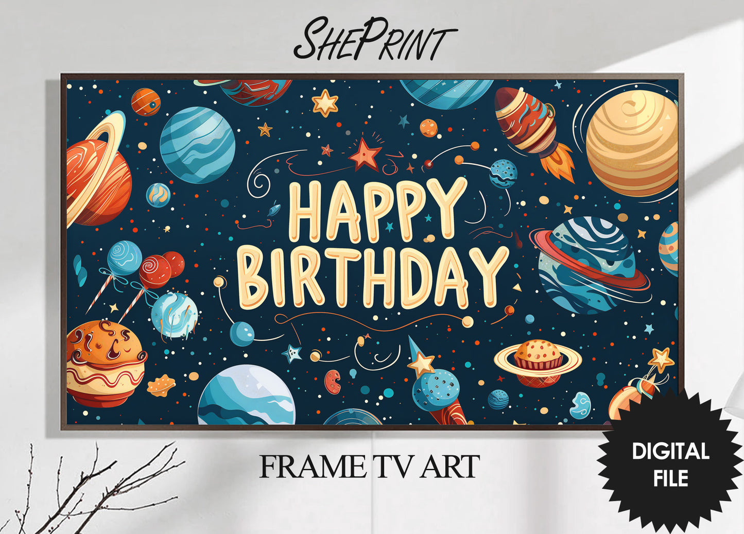 Frame TV Art For Kids | Cartoon Happy Birthday Space Themed Party Art For All Little Space Lovers preview on Samsung Frame TV