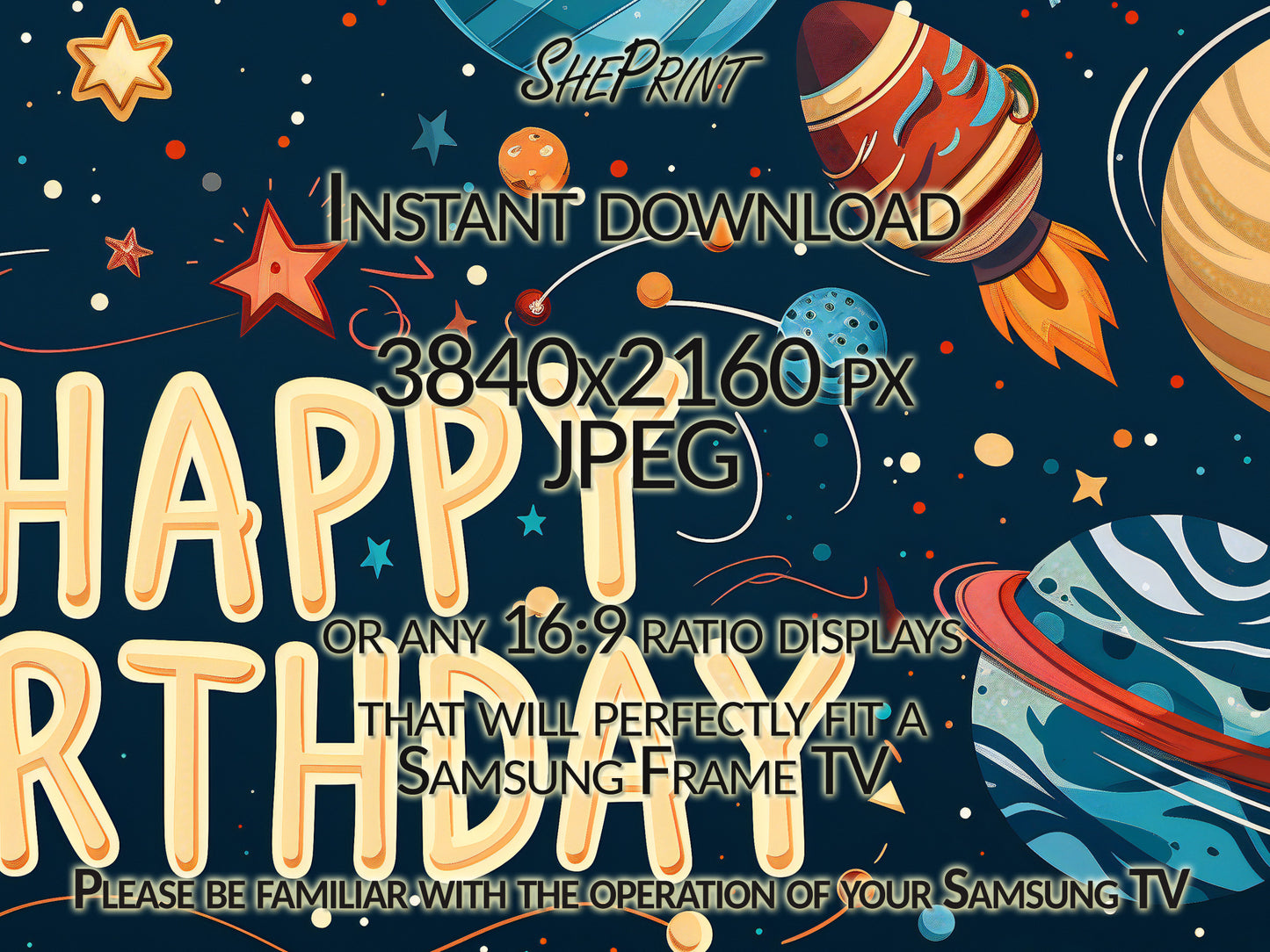 Frame TV Art For Kids | Cartoon Happy Birthday Space Themed Party Art For All Little Space Lovers close up view