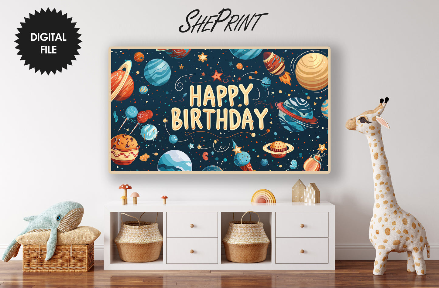 Frame TV Art For Kids | Cartoon Happy Birthday Space Themed Party Art For All Little Space Lovers preview in kids room