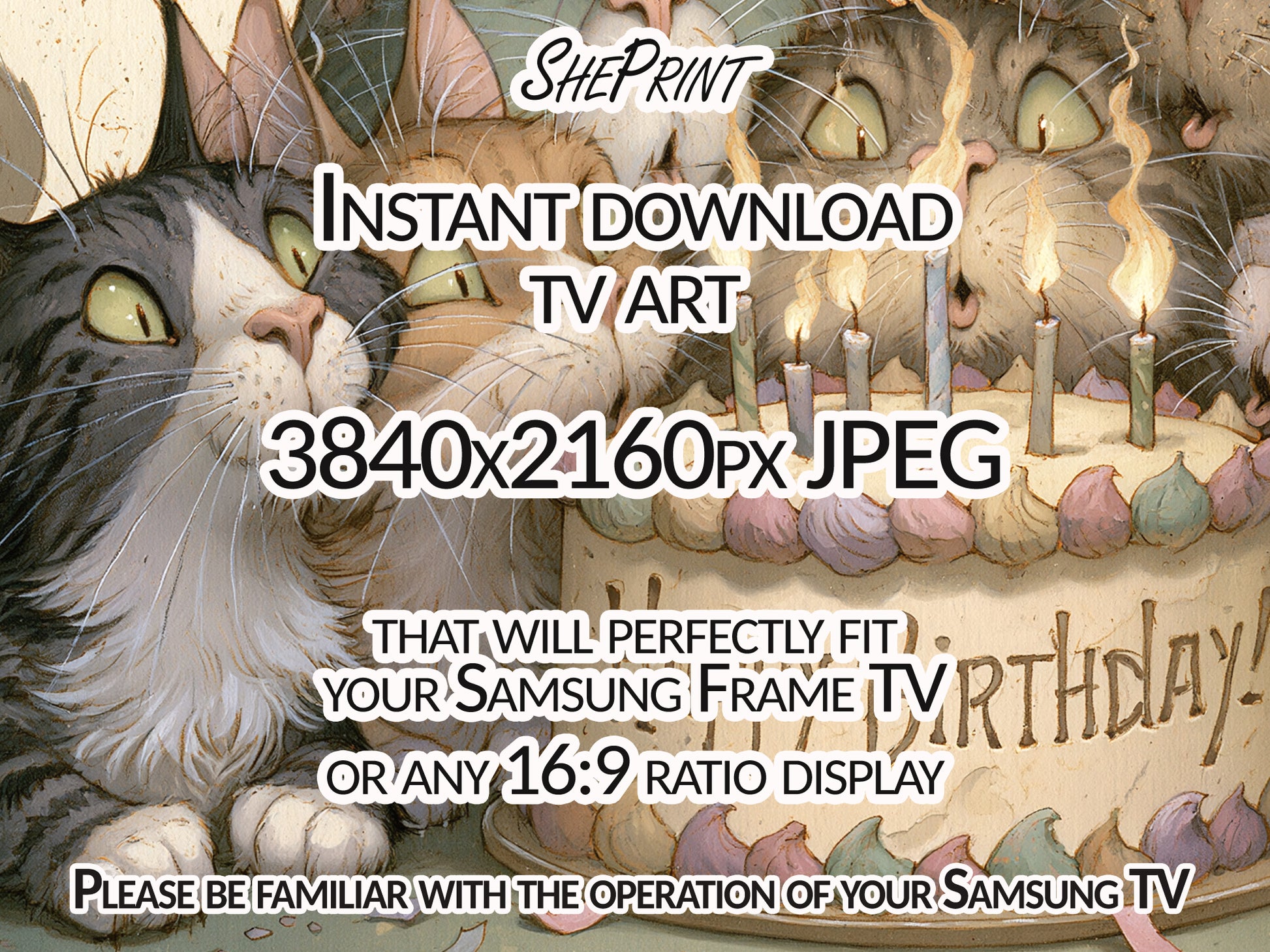 Cat Birthday TV Backdrop Funny Cats Party Decor Digital Download for Pet Lovers Celebration, close up view