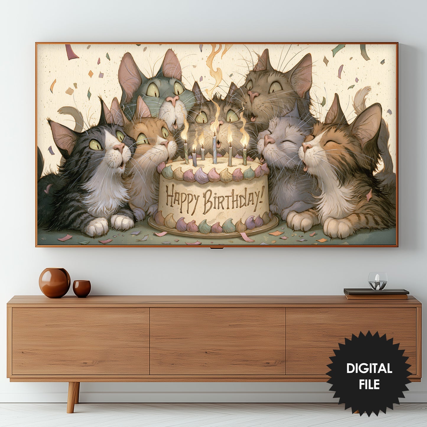 Cat Birthday TV Backdrop Funny Cats Party Decor Digital Download for Pet Lovers Celebration, preview on screen