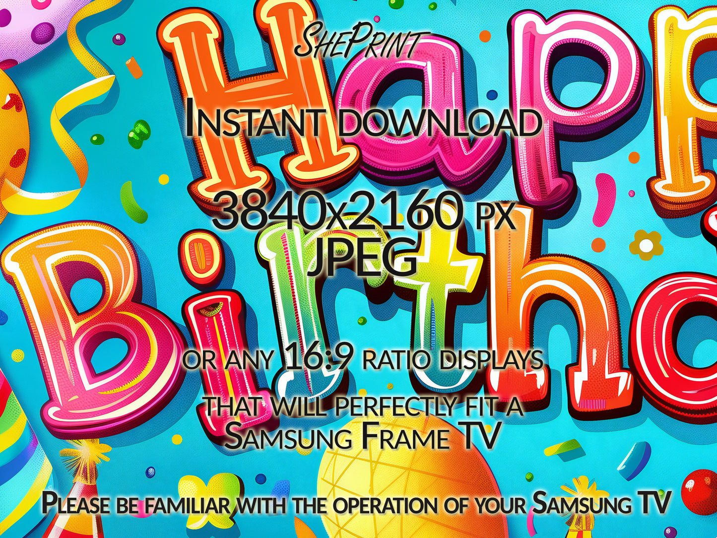 Frame TV Art For Kids | Happy Birthday Colorful Balloons | For Girls and Boys close up view