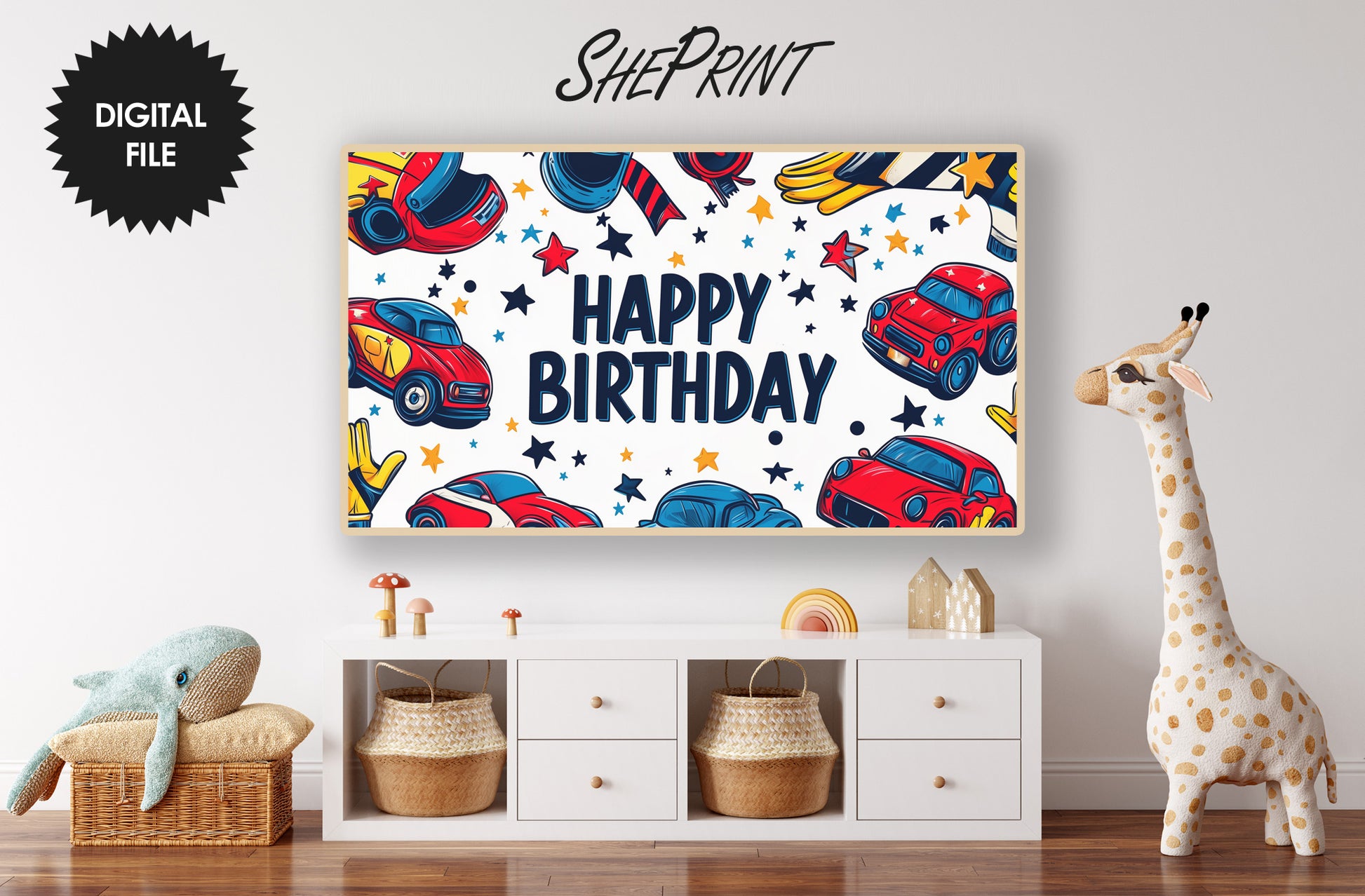 Samsung Frame TV Art For Kids | Happy Birthday Cute Cars Art For Boys preview in kids room