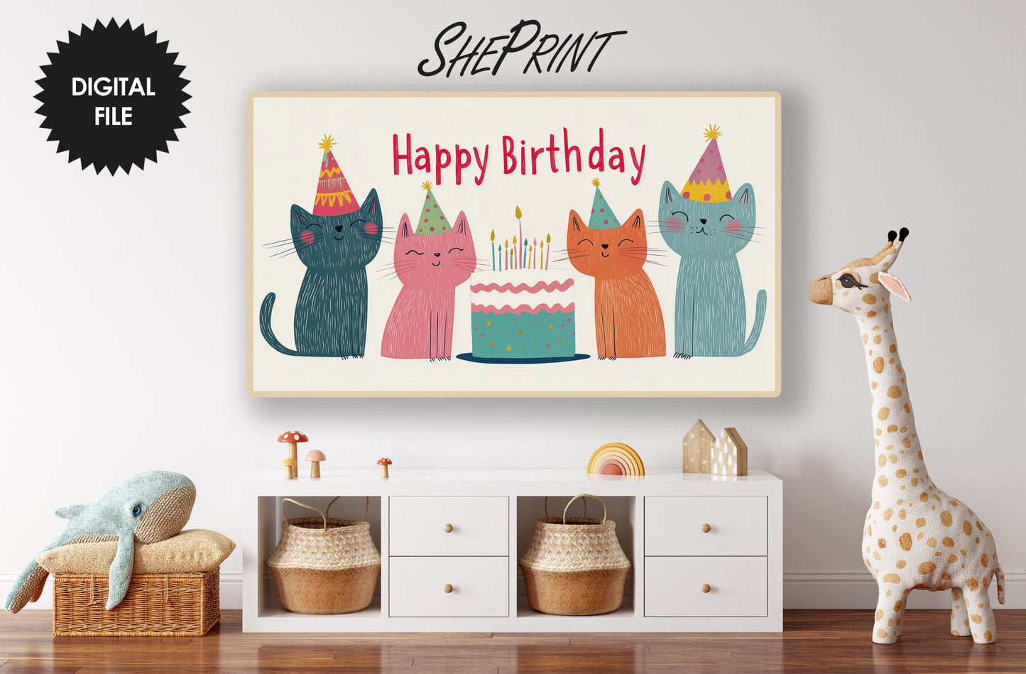 Kids Birthday Frame TV Art | Happy Birthday Cats Drawing | Digital Download 3840x2160px JPG preview in kids room