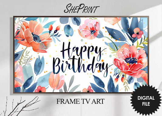 Samsung Frame TV Art | Happy Birthday Floral Watercolor Design preview