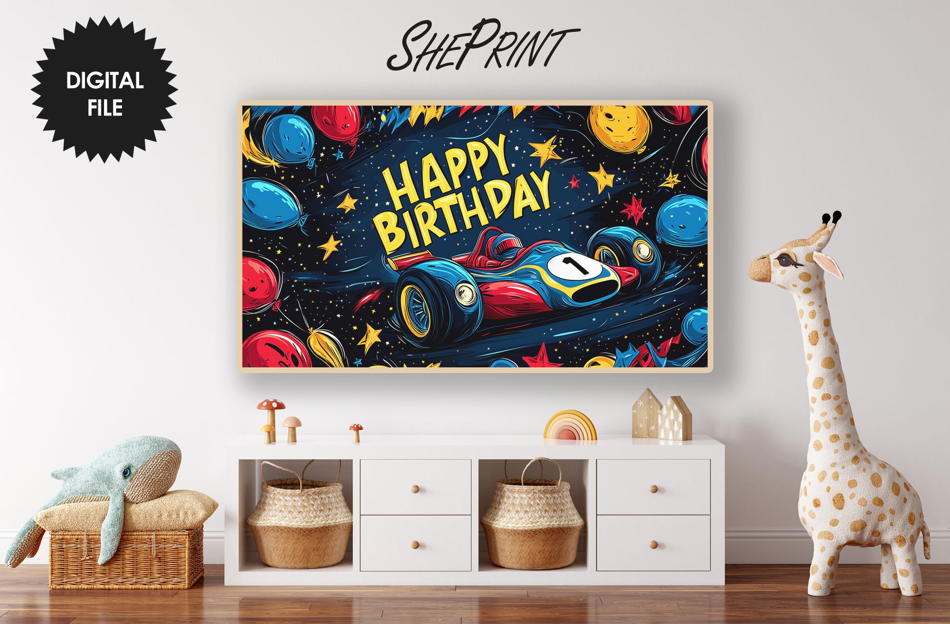 Samsung Frame TV Art For Kids | Happy Birthday Formula 1 Art For Boys preview in kids room