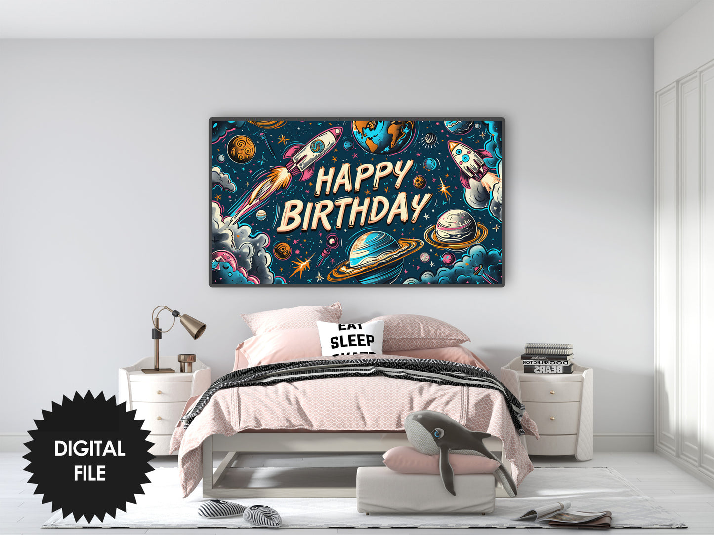 Frame TV Art Galaxy Themed Birthday Party For Kids preview in kids bedroom