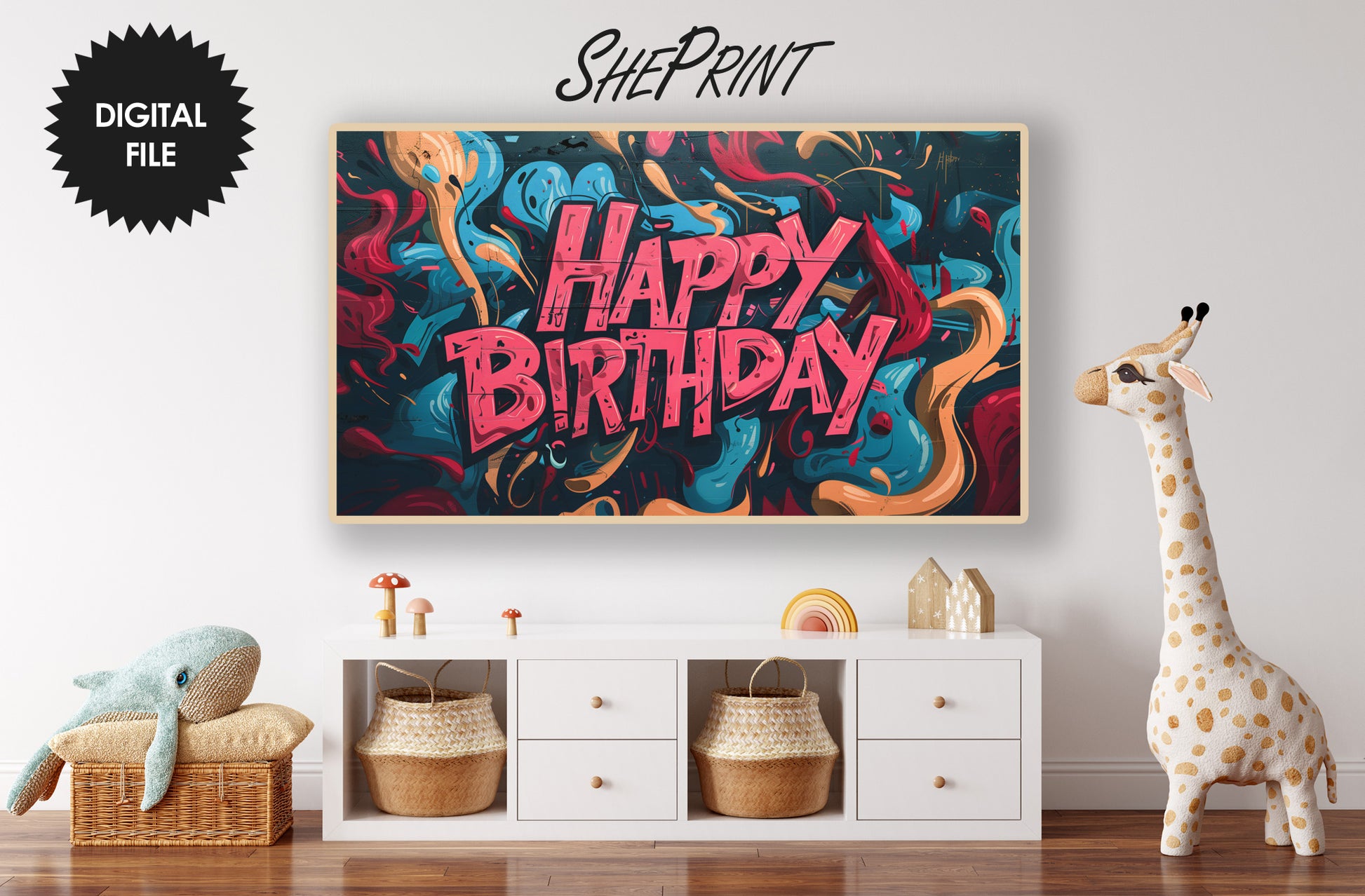 Frame TV Art | Happy Birthday Colorful Abstract Art For Kids preview in kids room