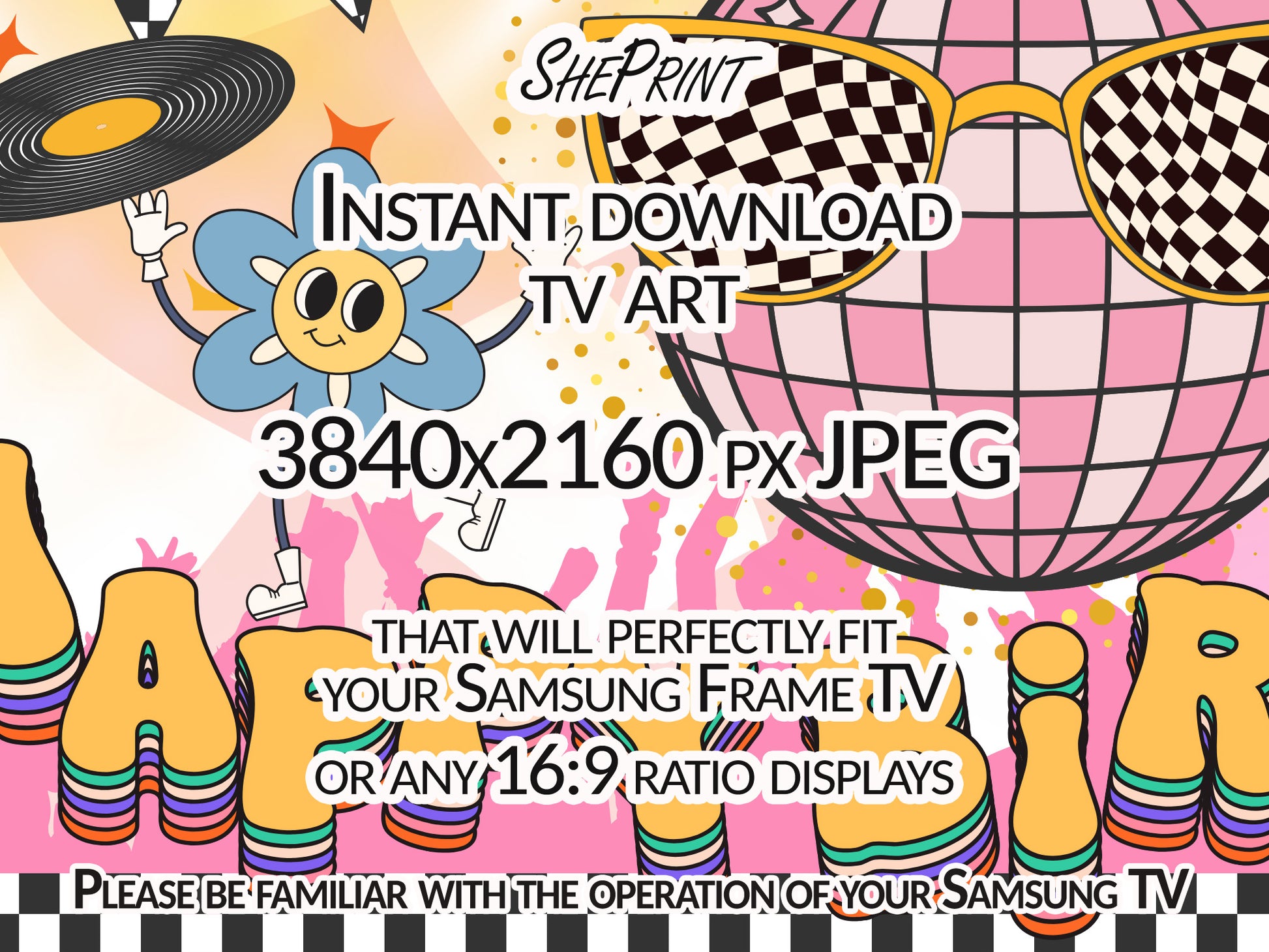 Groovy Disco Birthday Frame TV Art | Girls Birthday Party Backdrop | Digital Download close up look