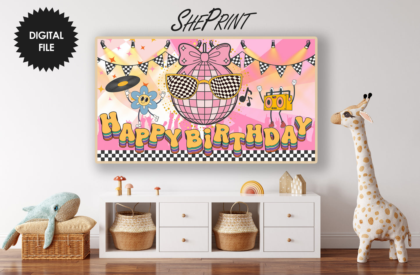 Groovy Disco Birthday Frame TV Art | Girls Birthday Party Backdrop | Digital Download preview in kids room