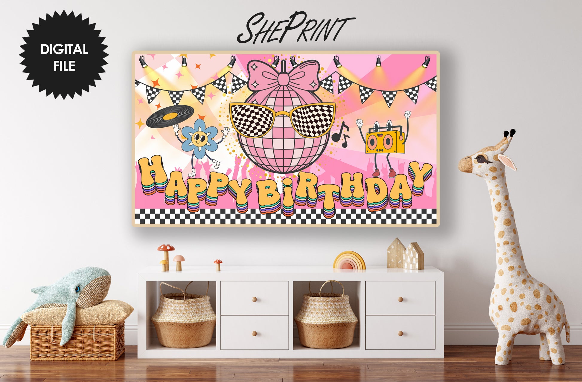 Groovy Disco Birthday Frame TV Art | Girls Birthday Party Backdrop | Digital Download preview in kids room