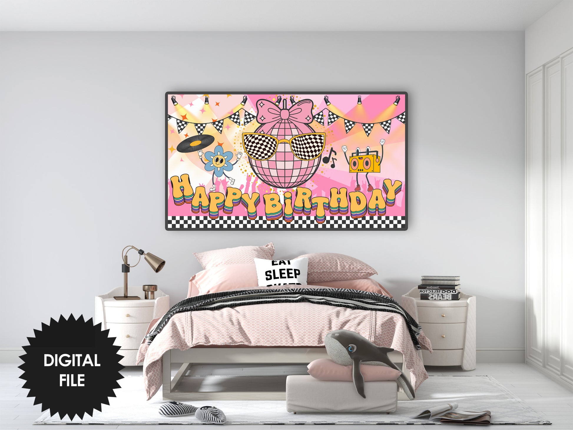 Groovy Disco Birthday Frame TV Art | Girls Birthday Party Backdrop | Digital Download preview in teen room