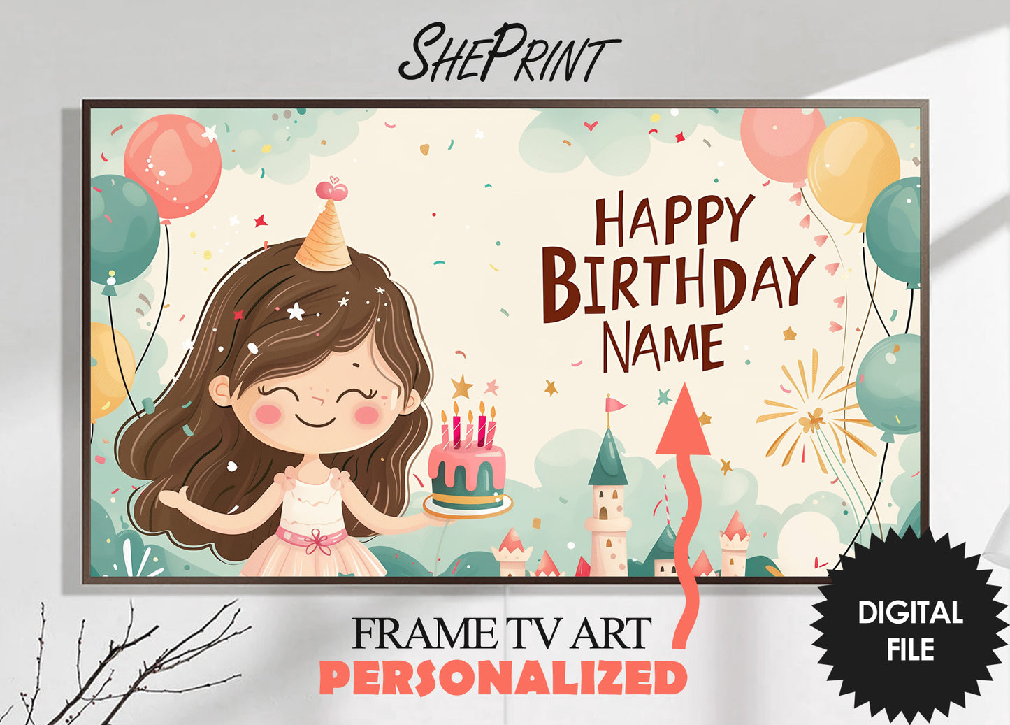 Personalized Birthday Frame TV Art For Girls | Happy Birthday Princess preview