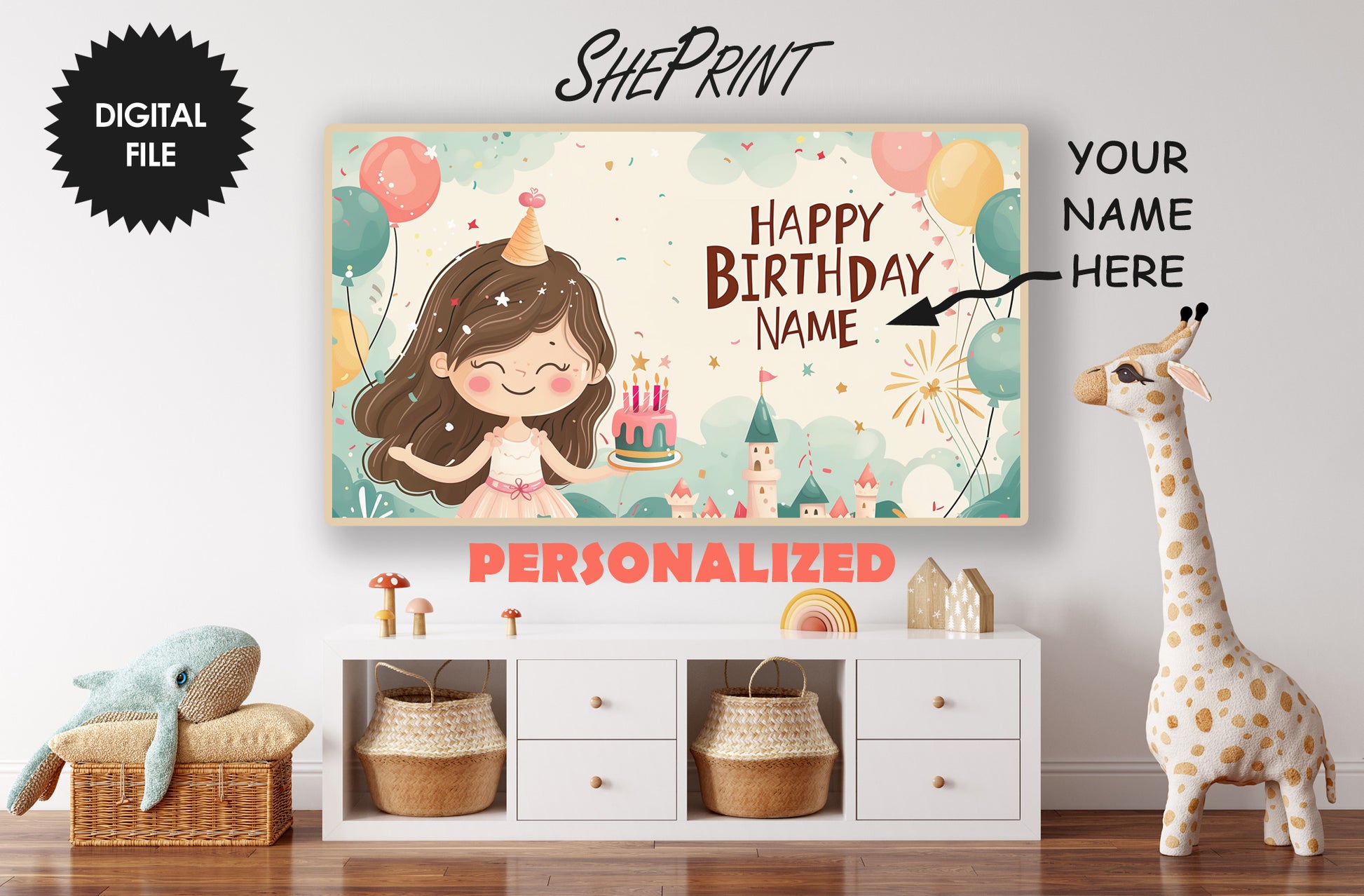 Personalized Birthday Frame TV Art For Girls | Happy Birthday Princess preview in kids room