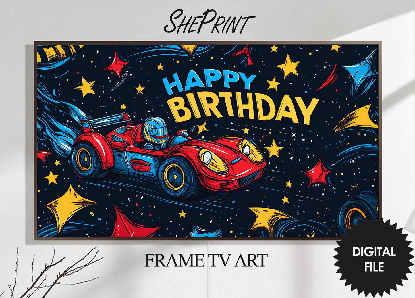  Frame TV Art For Kids | Happy Birthday Racing Car Art For Boys preview