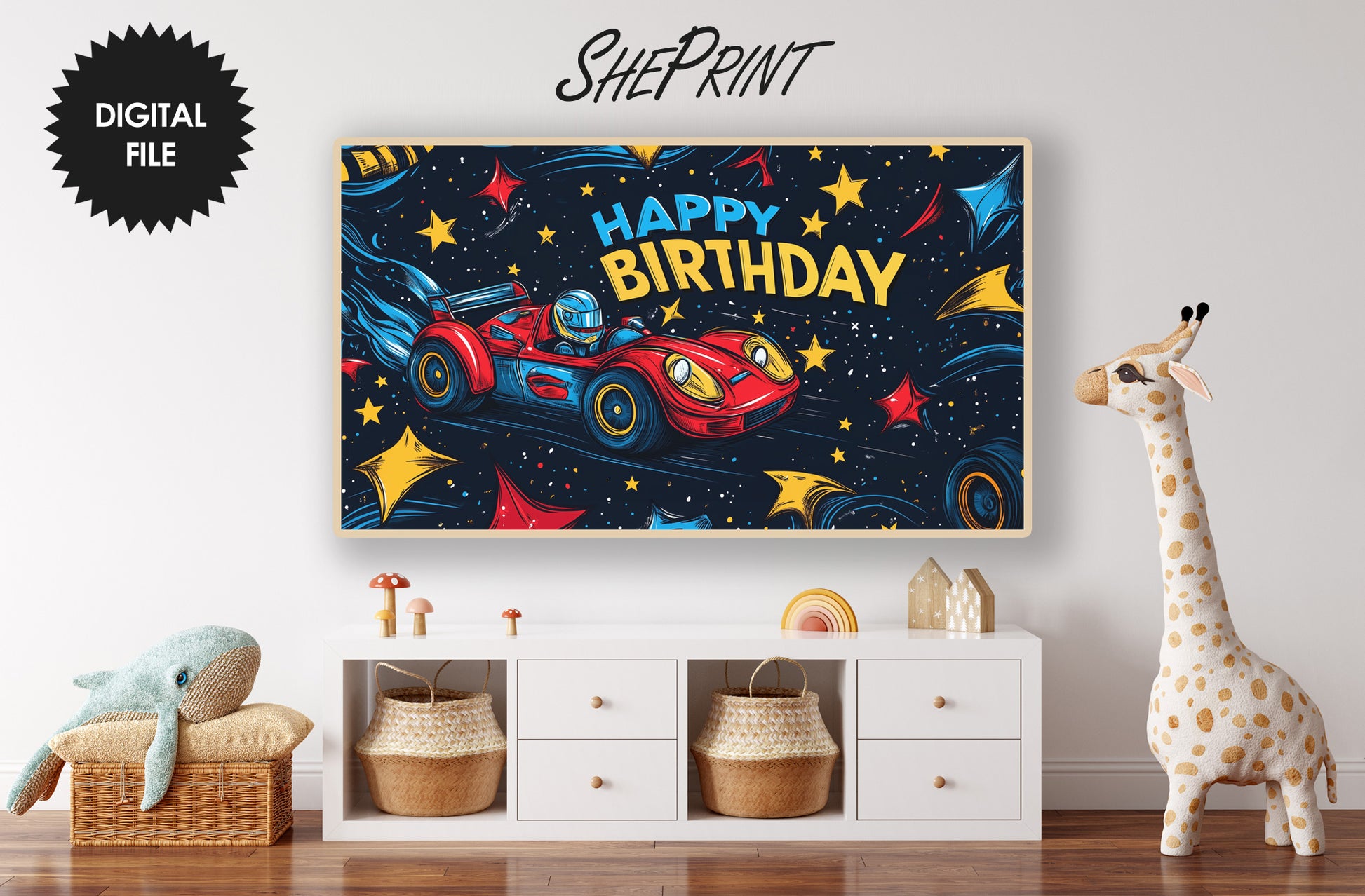  Frame TV Art For Kids | Happy Birthday Racing Car Art For Boys preview in kids room