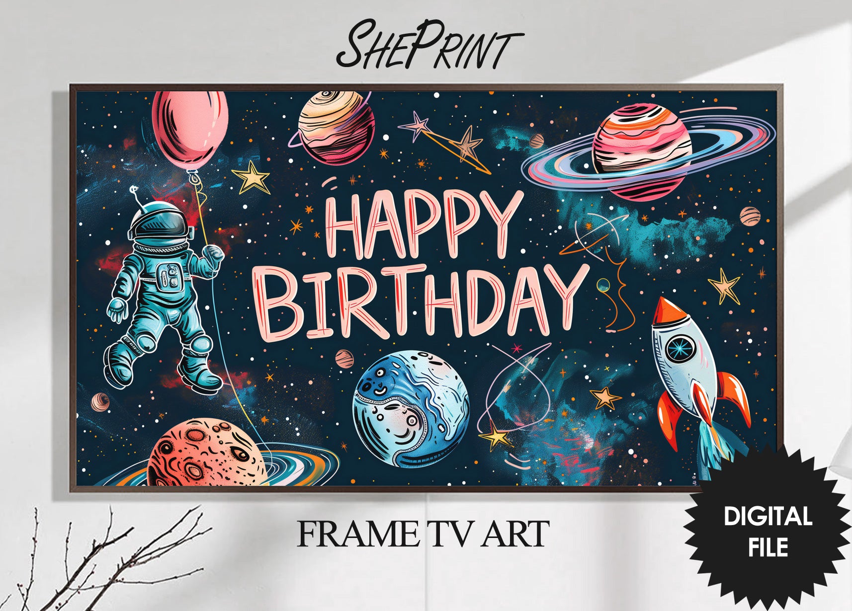 Frame TV Art Space Themed Birthday Party For Kids | Planets Stars Rocket Spaceman preview on Samsung Frame TV