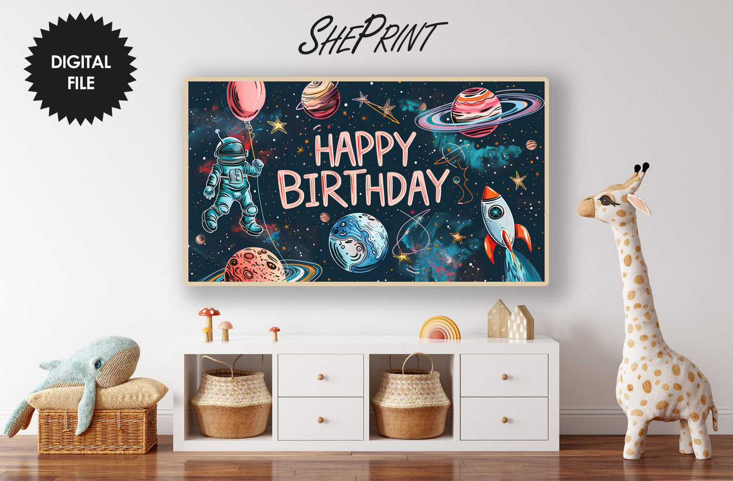 Frame TV Art Space Themed Birthday Party For Kids | Planets Stars Rocket Spaceman preview in kids room