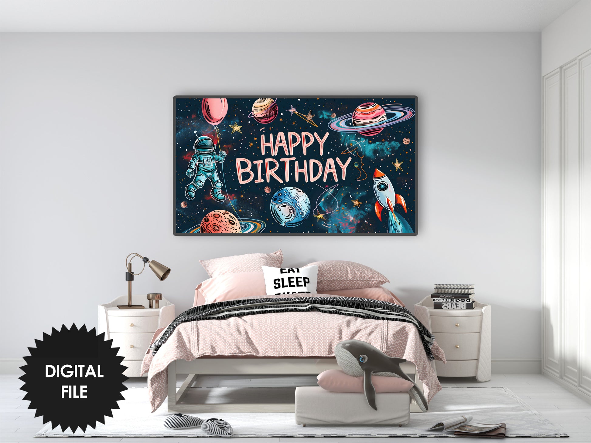 Frame TV Art Space Themed Birthday Party For Kids | Planets Stars Rocket Spaceman preview in kids bedroom