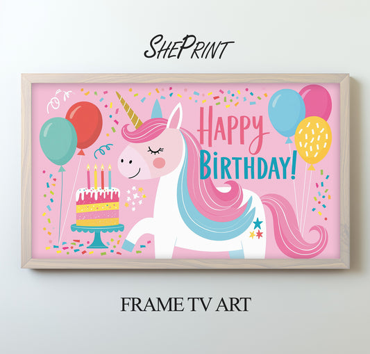 Unicorn Birthday Frame TV Art | Pink Happy Birthday TV Display for Girls | Magical Kids Party Decor for Samsung Frame TV | Instant Download