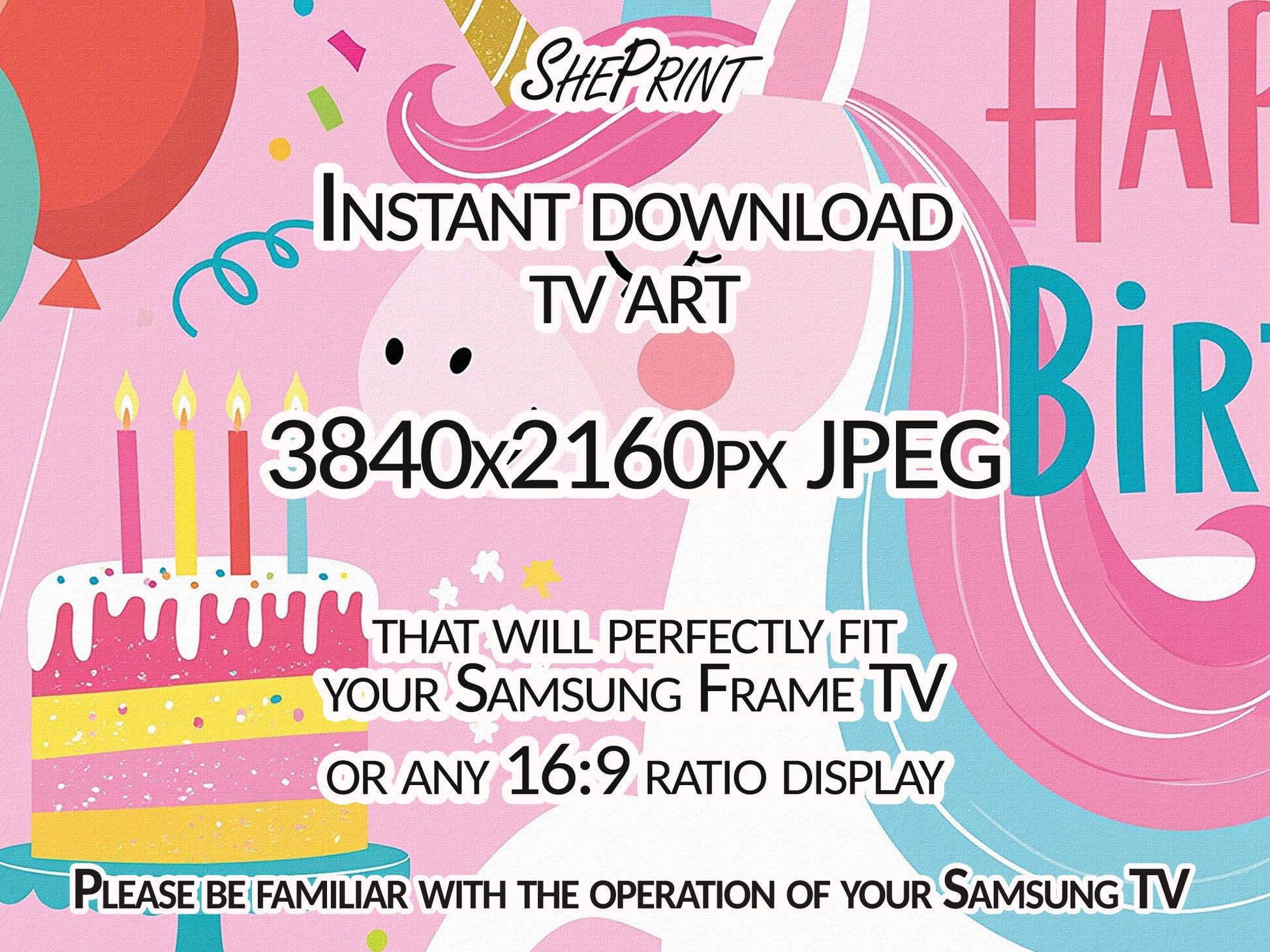 Unicorn Birthday Frame TV Art | Pink Happy Birthday TV Display for Girls | Magical Kids Party Decor for Samsung Frame TV | Instant Download, close up view