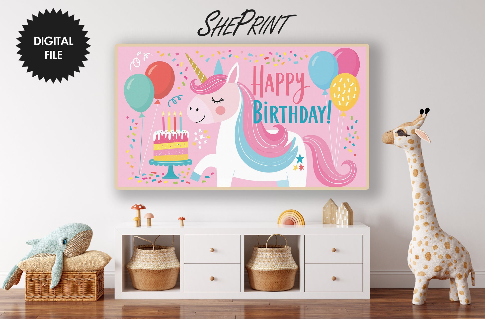 Unicorn Birthday Frame TV Art | Pink Happy Birthday TV Display for Girls | Magical Kids Party Decor for Samsung Frame TV | Instant Download. Preview in kids room