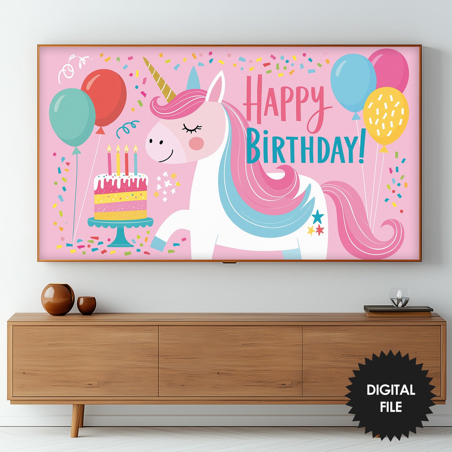 Unicorn Birthday Frame TV Art | Pink Happy Birthday TV Display for Girls | Magical Kids Party Decor for Samsung Frame TV | Instant Download, preview on screen
