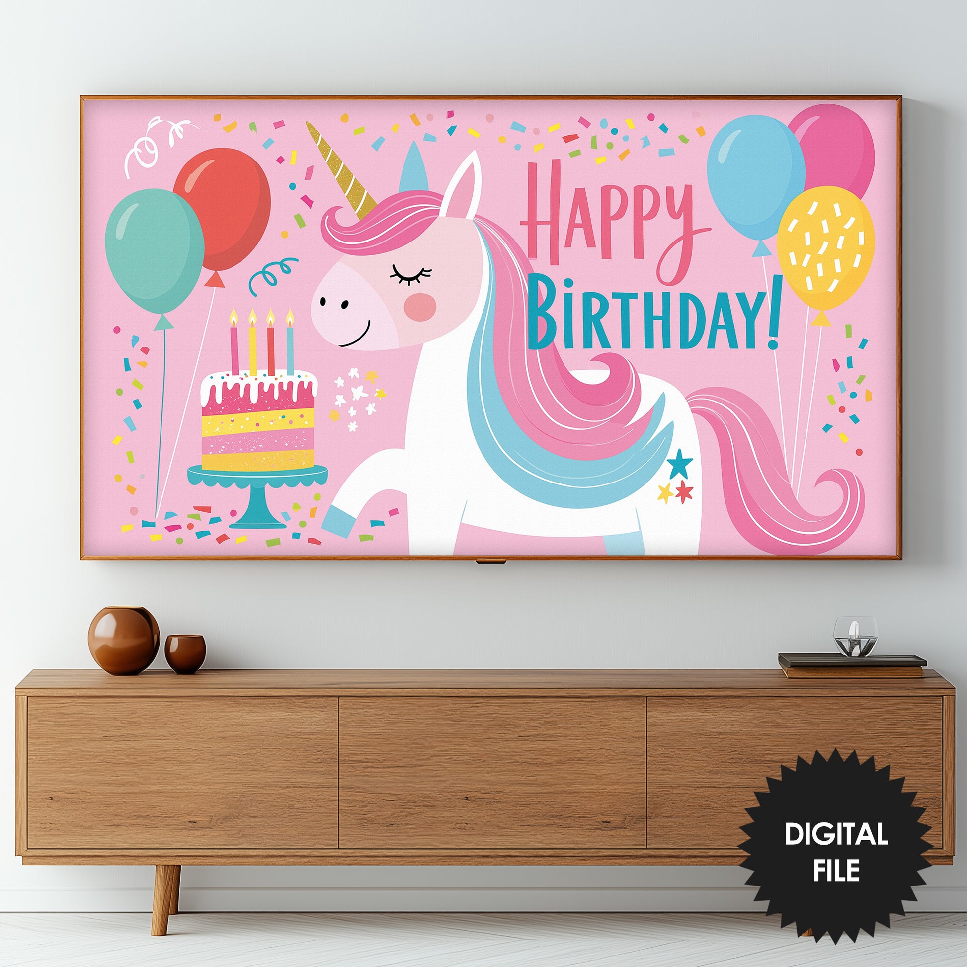 Unicorn Birthday Frame TV Art | Pink Happy Birthday TV Display for Girls | Magical Kids Party Decor for Samsung Frame TV | Instant Download, preview on screen